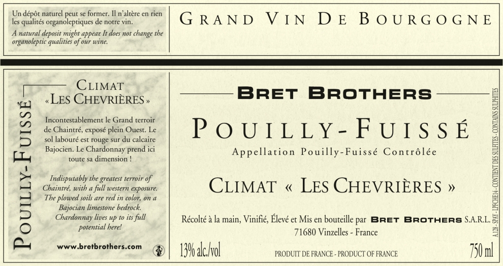 Wine label - Pouilly-Fuissé Climate « Les Chevrières » Bret Brothers