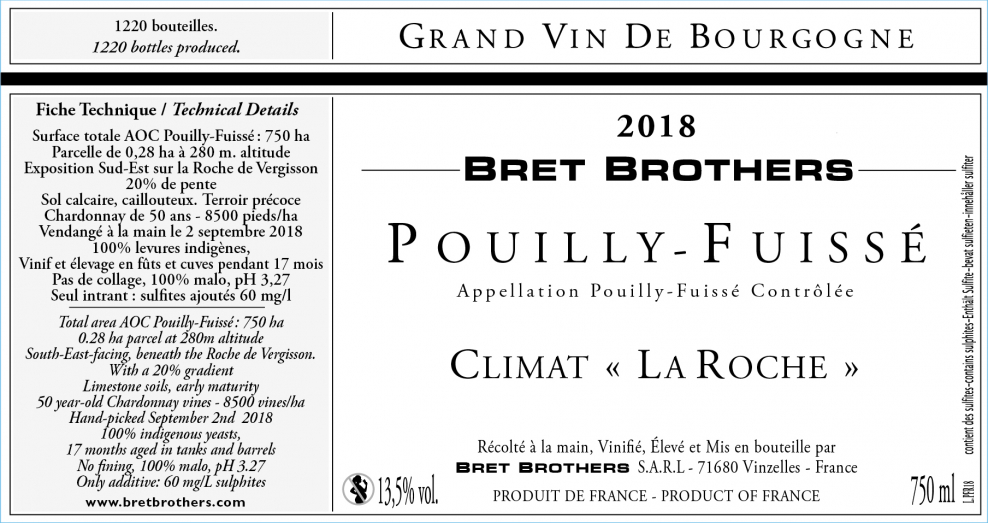 Wine label - Pouilly-Fuissé Climate « La Roche » Bret Brothers