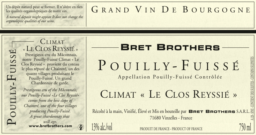 Wine label - Pouilly-Fuissé Climate « Le Clos Reyssie » Bret Brothers