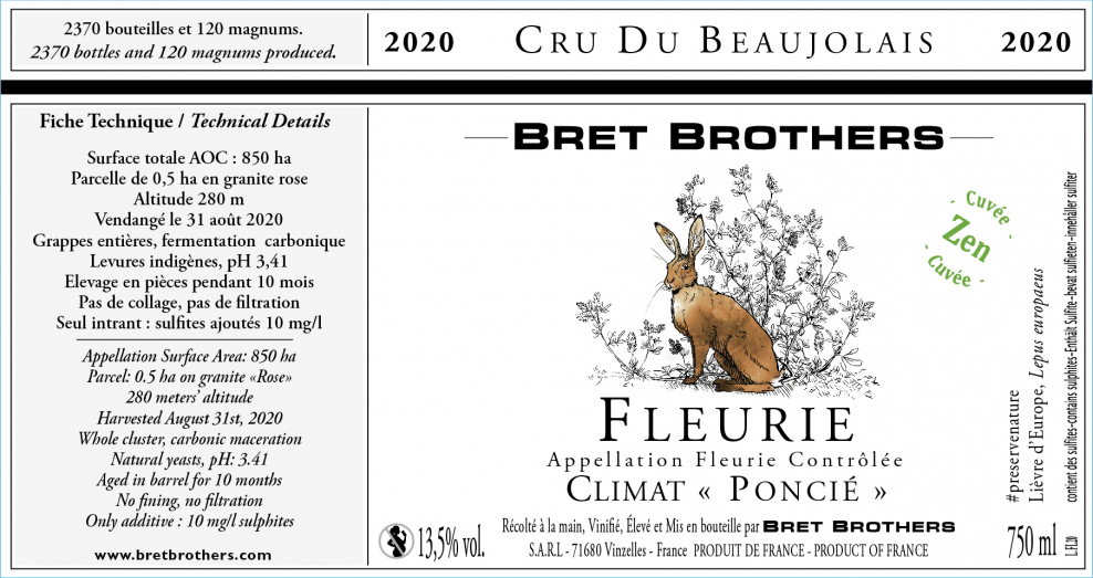 Etiquette vin - Fleurie Climat « Poncié » Bret Brothers