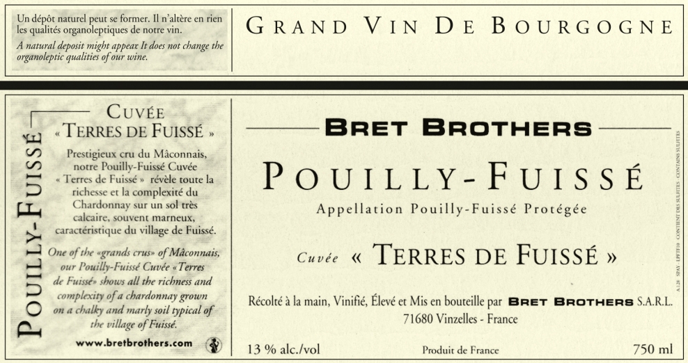 Etiquette vin - Pouilly-Fuissé Cuvée  « Terres de Fuissé » Bret Brothers