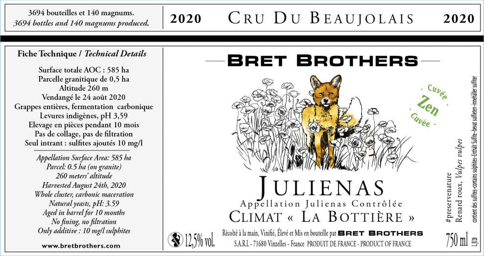 Etiquette vin - Juliénas Climat « La Bottière » Bret Brothers