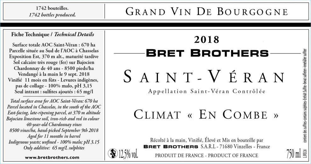 Etiquette vin - Saint-Véran Climat « En Combe » Bret Brothers