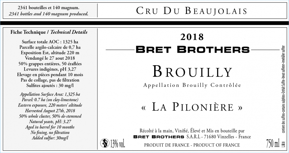 Etiquette vin - Brouilly Climat « La Pilonière » Bret Brothers