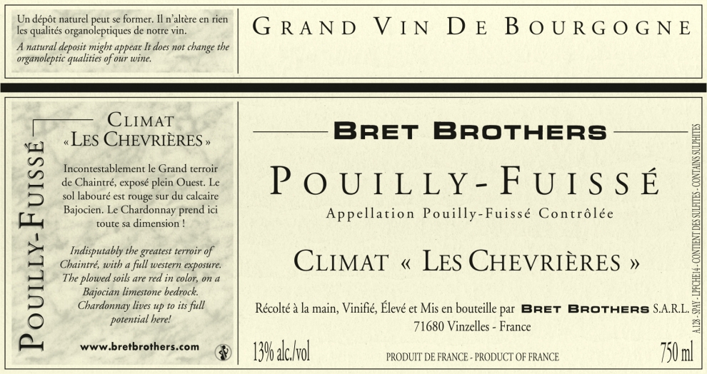 Etiquette vin - Pouilly-Fuissé Climat « Les Chevrières » Bret Brothers