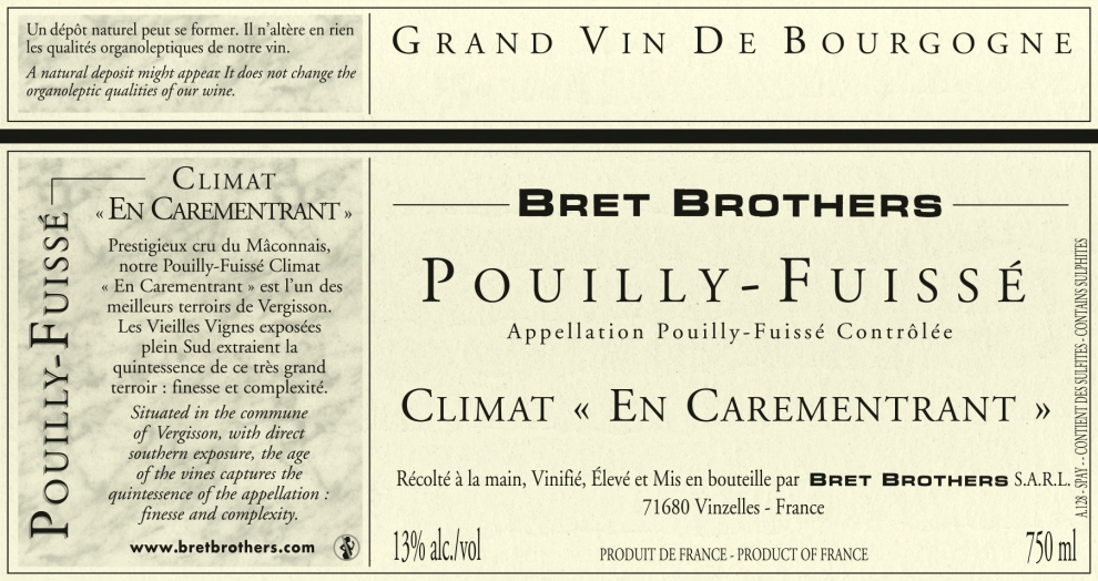 Etiquette vin - Pouilly-Fuissé Climat « En Carementrant » Bret Brothers