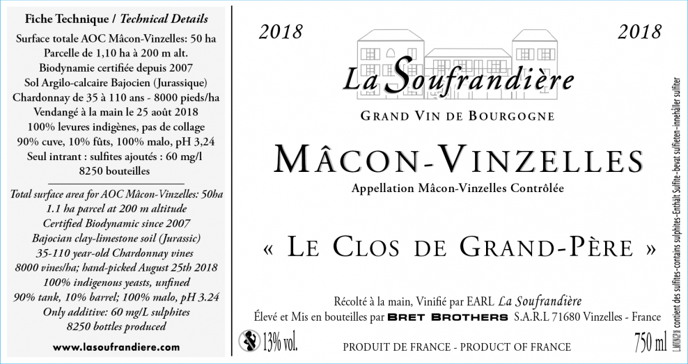 Etiquette vin - Mâcon-Vinzelles « Le Clos de Grand-Père » La Soufrandière