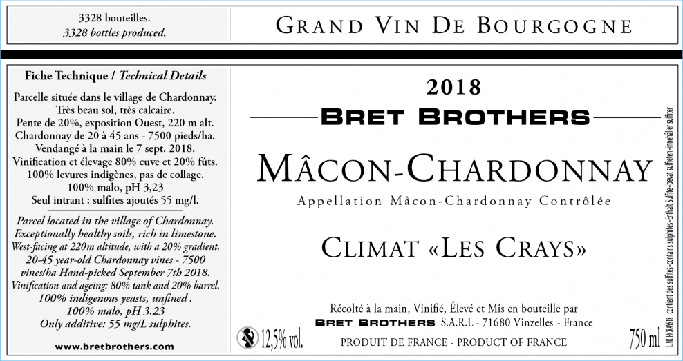 Etiquette vin - Mâcon-Chardonnay Climat « Les Crays » Bret Brothers
