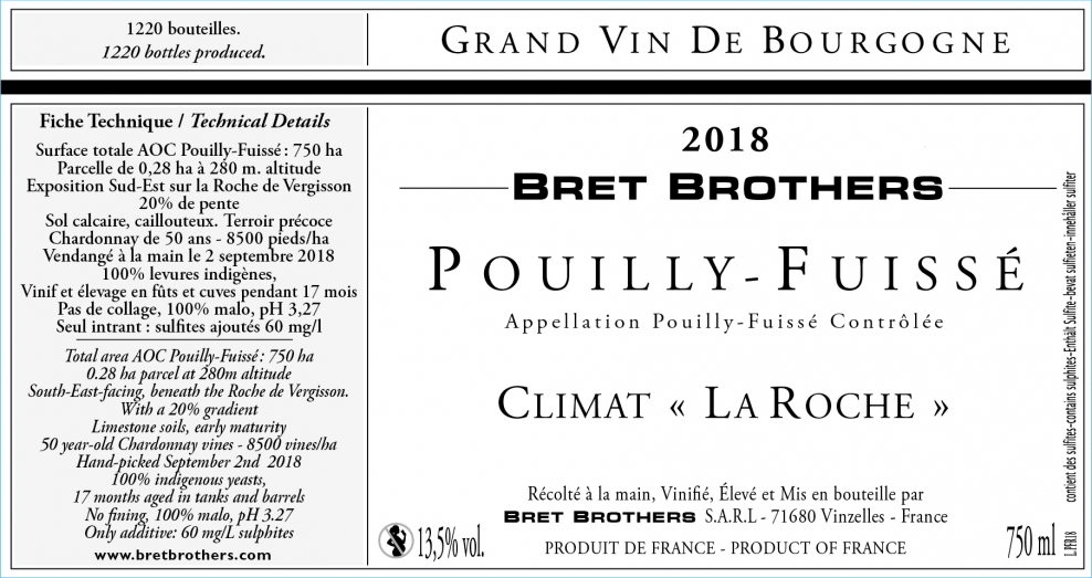 Etiquette vin - Pouilly-Fuissé Climat « La Roche » Bret Brothers