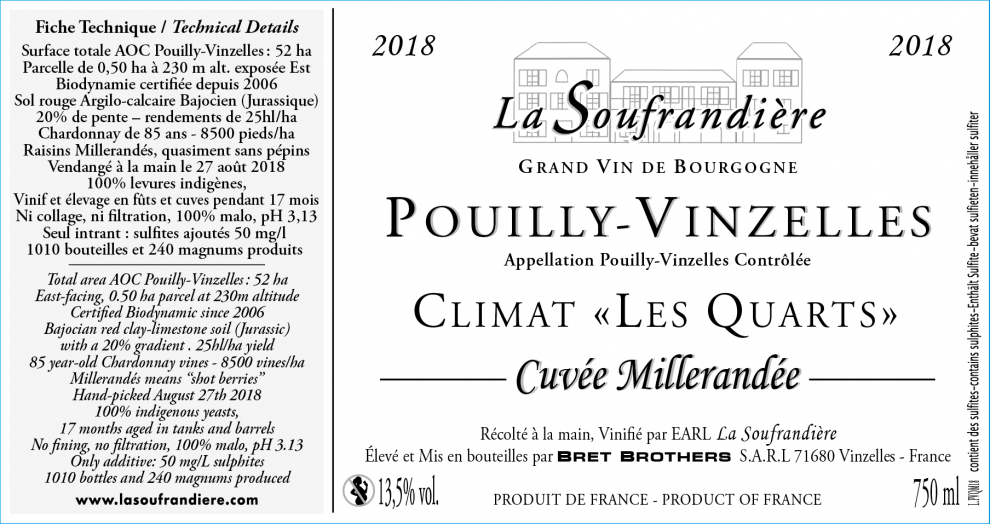 Etiquette vin - Pouilly-Vinzelles Climat « Les Quarts » Cuvée Millerandée La Soufrandière