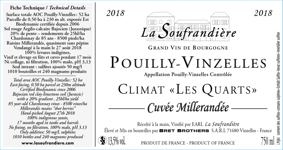 Wine label - Pouilly-Vinzelles Climate « Les Quarts » Cuvée Millerandée La Soufrandière
