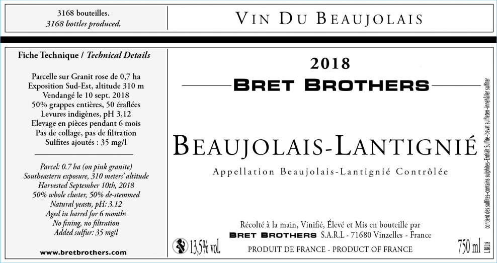 Etiquette vin - Beaujolais-Lantignié Bret Brothers