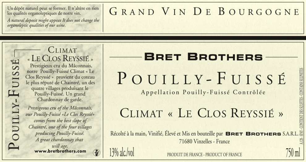 Etiquette vin - Pouilly-Fuissé Climat « Le Clos Reyssié » Bret Brothers