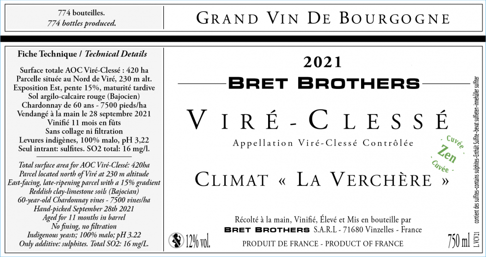 Etiquette vin - Viré-Clessé Climat « La Verchère » Bret Brothers