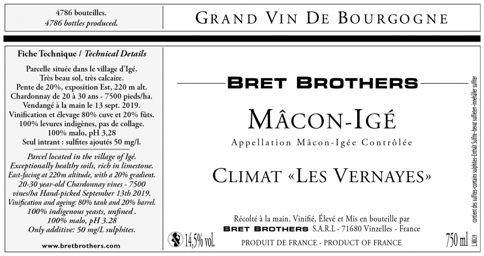 Etiquette vin - Mâcon-Igé Climat « Les Vernayes » Bret Brothers
