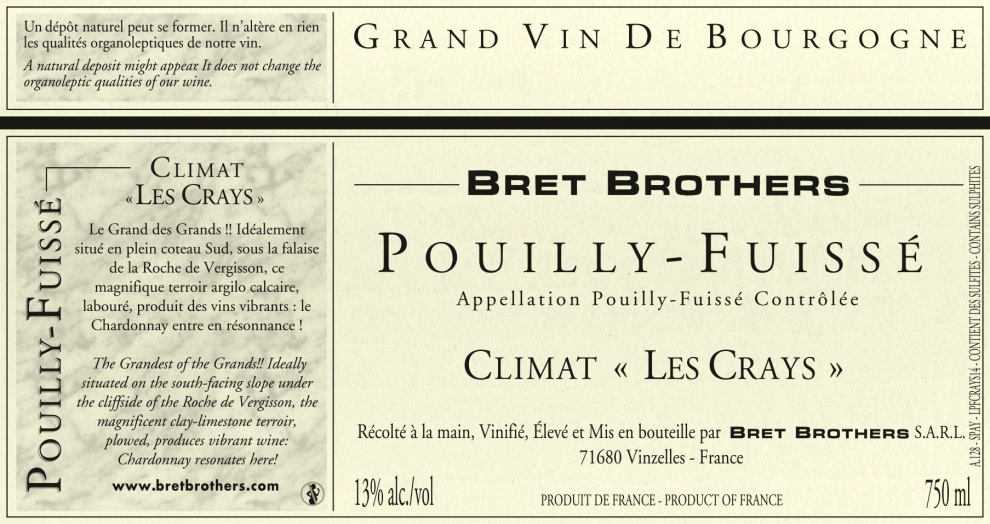 Etiquette vin - Pouilly-Fuissé Climat « Les Crays » Bret Brothers