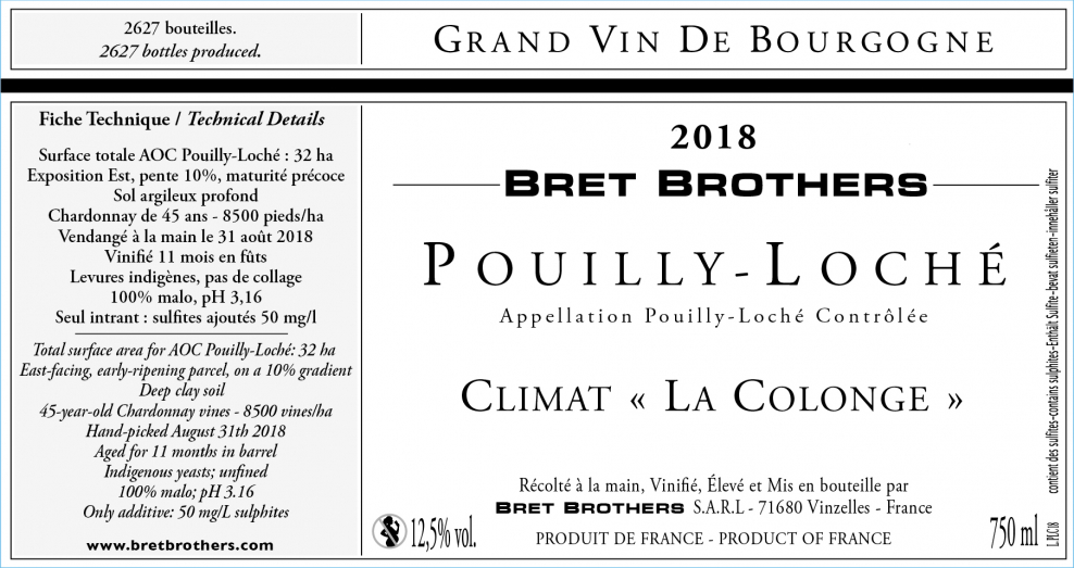 Etiquette vin - Pouilly-Loché Climat « La Colonge » Bret Brothers