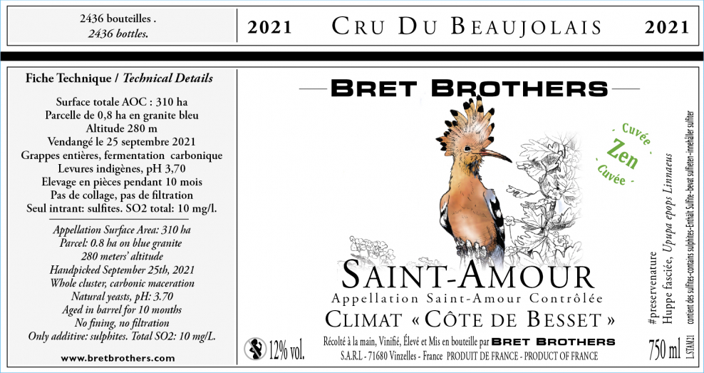 Etiquette vin - Saint-Amour Climat « Côte de Besset » Bret Brothers