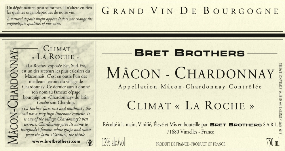 Wine label - Mâcon-Chardonnay Climate « La Roche » Bret Brothers